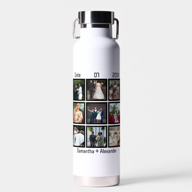 Modern Custom Wedding Anniversary 9 Photo Collage Water Bottle (Front)