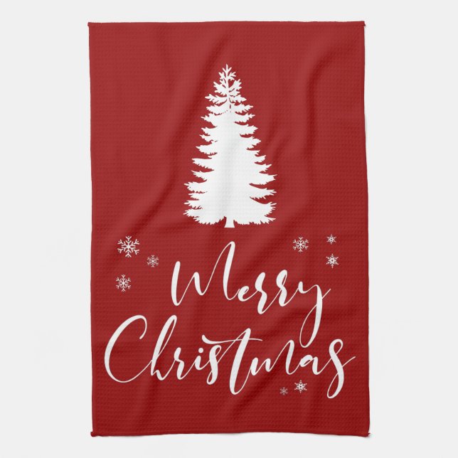 Modern Custom White Black Tree Merry Christmas Tea Towel (Vertical)