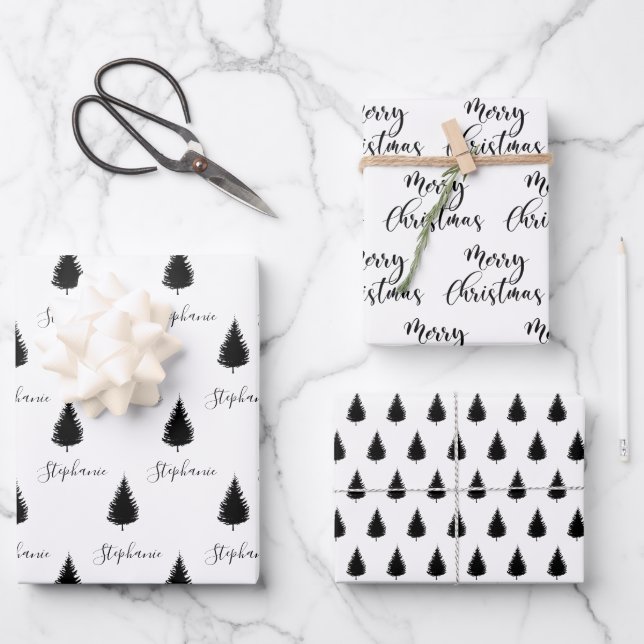 Modern Custom White Black Tree Merry Christmas Wrapping Paper Sheet (Front)