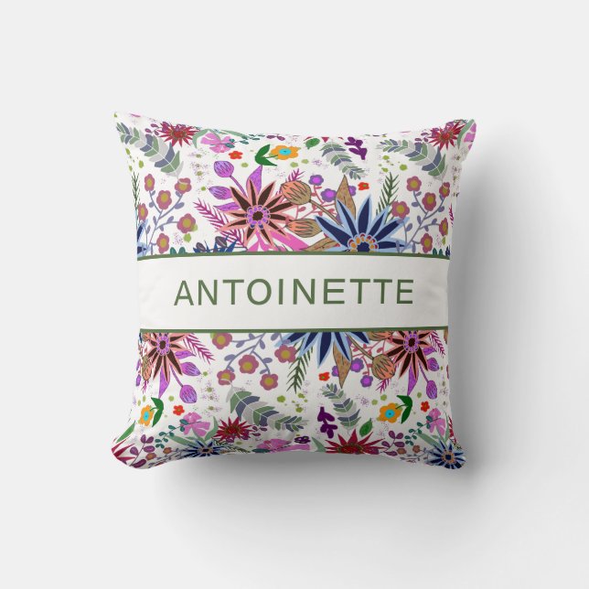 Modern customisable name colourful floral  cushion (Front)