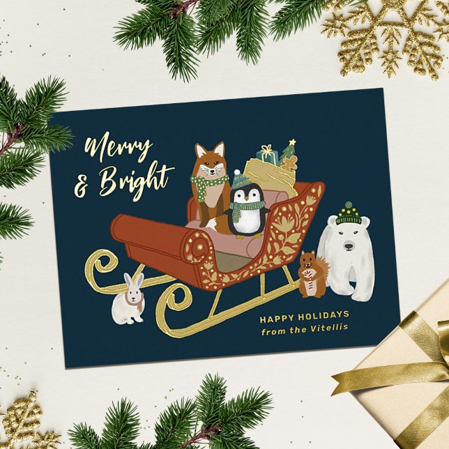Modern Cute Animal Friends and Sleigh Christmas  Foil Holiday Postcard (Creator Uploaded)