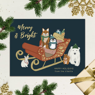 Modern Cute Animal Friends and Sleigh Christmas  Holiday Postcard