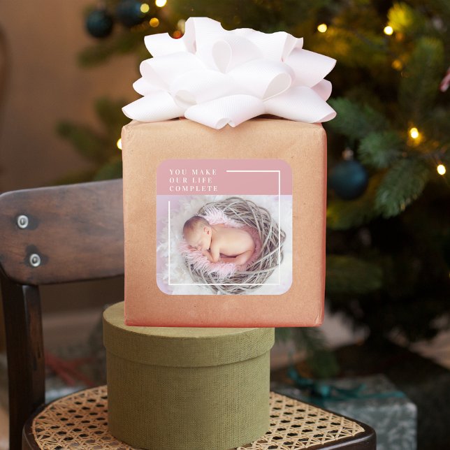 Modern Cute Baby Photo | Pink & White | Quote  Square Sticker (Creator Uploaded)