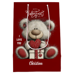 Modern Cute Bear Happy Valentines Day Name  Medium Gift Bag
