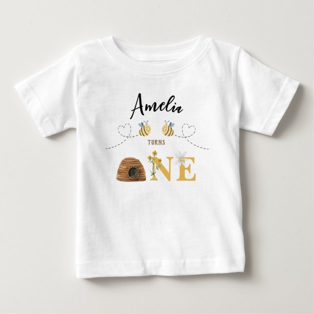 Modern Cute Bee First Birthday Baby T-Shirt (Front)