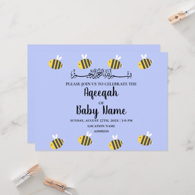Modern Cute Bee Theme Aqeeqah Invitation Card (Front/Back In Situ)