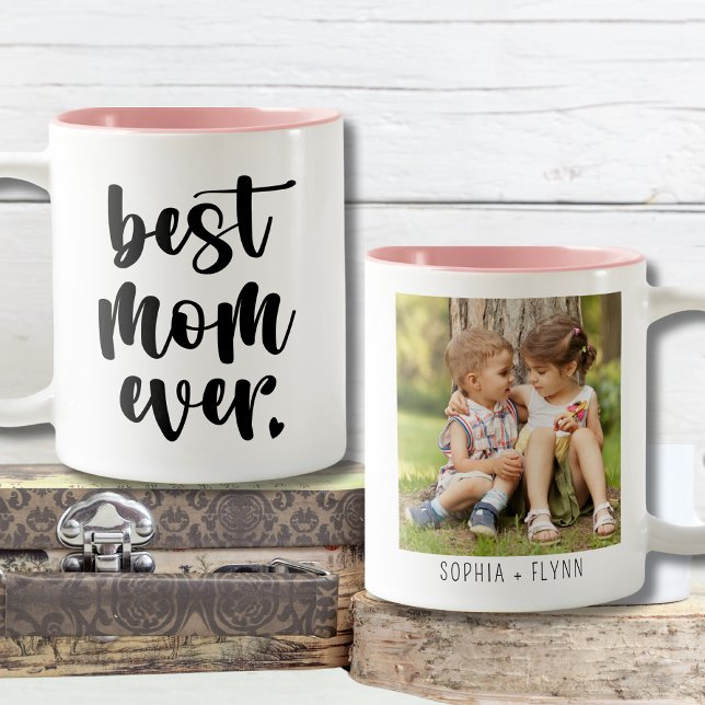 Modern Cute Best Mum Ever Kids Names Photo | Pink Two-Tone Coffee Mug (Creator Uploaded)