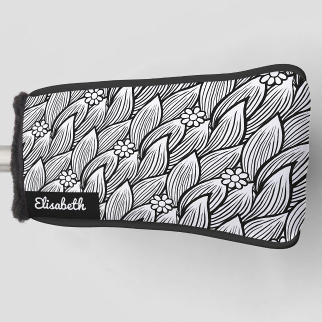    Modern Cute Black And White Hippie Daisy Floral Golf Head Cover (Front)