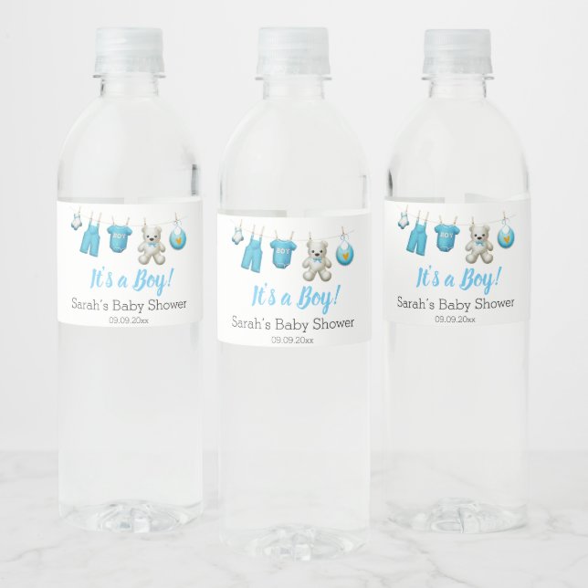 Modern Cute Blue Boy Baby Shower Water Bottle Label (Bottles)