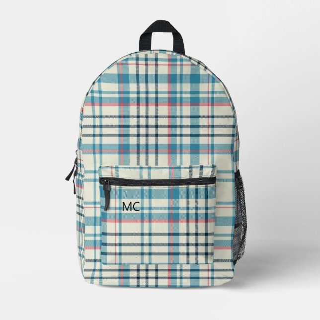 Modern Cute Blue Check Plaid Monogram Initials Printed Backpack (Front)