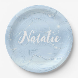Modern Cute Blue Glitter Marble Personalised Name Paper Plate