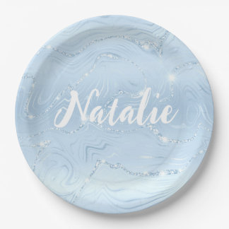 Modern Cute Blue Glitter Marble Personalised Name Paper Plate