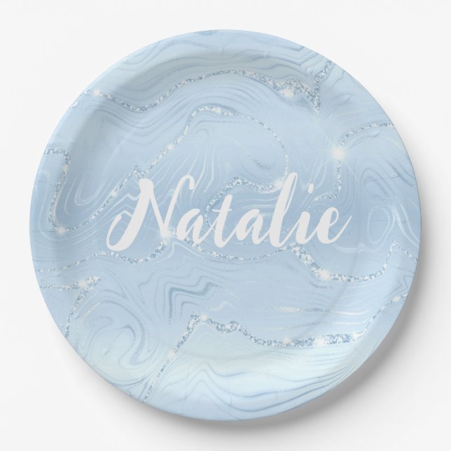 Modern Cute Blue Glitter Marble Personalised Name  Paper Plate (Front)