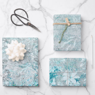 Modern Cute Blue Icy Glitter Floral Pattern Girly  Wrapping Paper Sheet