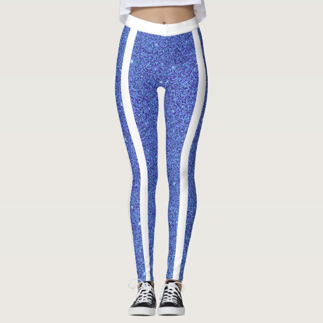 Modern Cute Blue White Glitter Sparkles Stripes Leggings (Front)