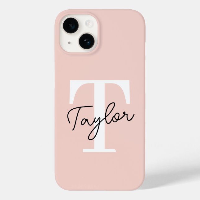 Modern Cute Blush Pink Monogram Name Girly Script Case-Mate iPhone Case (Back)