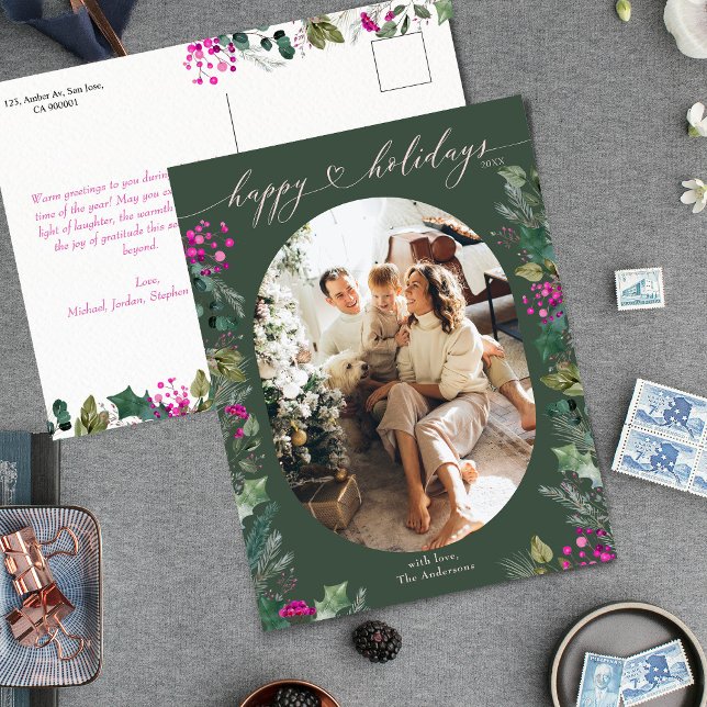 Modern Cute Botanicals Photo Happy  Holiday Postcard (Creator Uploaded)