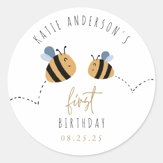 Modern Cute Bumblebee First Birthday Classic Round Sticker (Front)