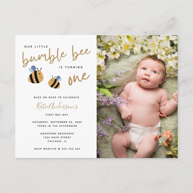 Modern Cute Bumblebee First Birthday Invitation (Front)