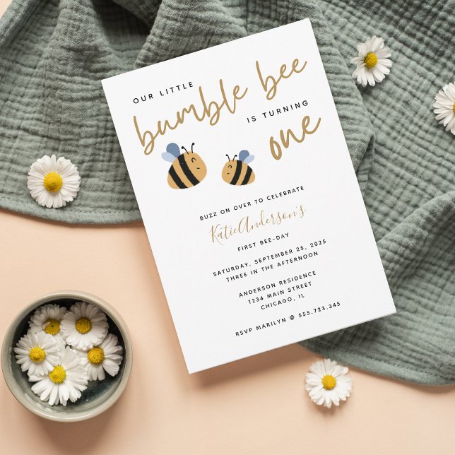 Modern Cute Bumblebee First Birthday Invitation (Creator Uploaded)