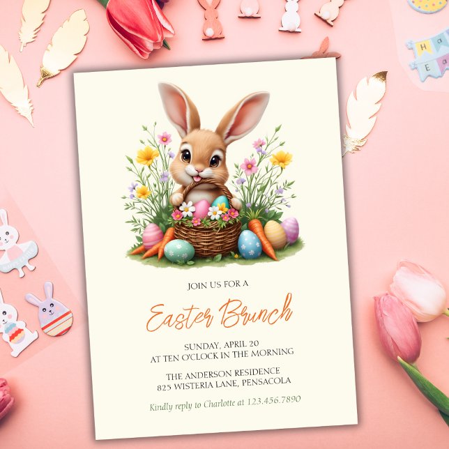 Modern Cute Bunny Rabbit Easter Brunch Invitation (Charming Easter Brunch Invitation with Bunny, Eggs, and Spring Flowers)