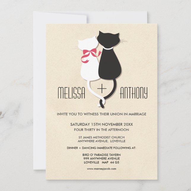 Modern Cute Cat Couple Monogram Wedding Invite (Front)