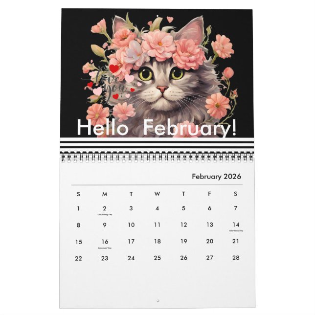 Modern Cute Cat Flower Daily Monthly Yearly 2024  Calendar (Feb 2026)