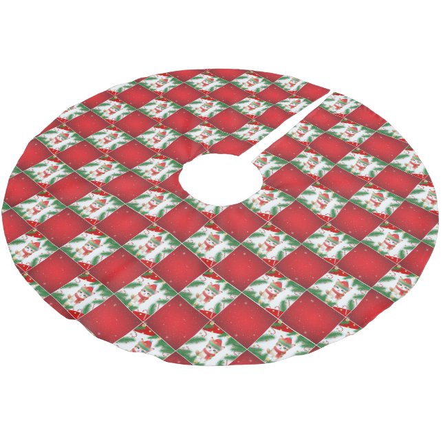 Modern Cute cat Santa Xmas Holly chequered Pattern Brushed Polyester Tree Skirt (Angled)