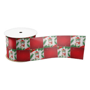 Modern Cute cat Santa Xmas Holly chequered Pattern Satin Ribbon
