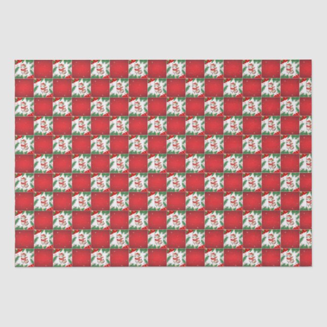 Modern Cute cat Santa Xmas Holly chequered Pattern Tissue Paper (Front)