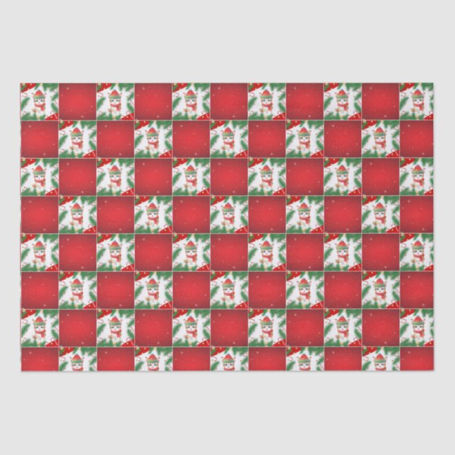 Modern Cute cat Santa Xmas Holly chequered Pattern Tissue Paper (Front)