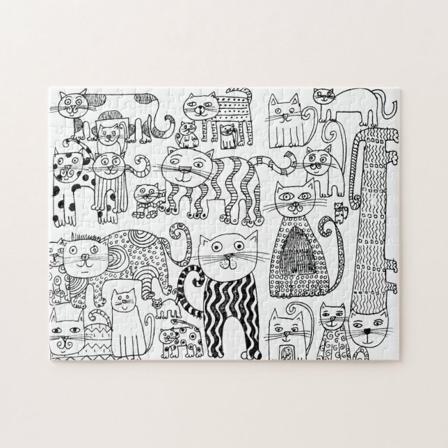 Modern Cute Cats Black and White  Jigsaw Puzzle (Horizontal)