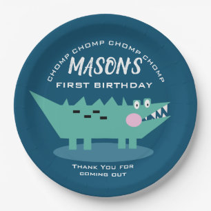 Modern Cute Chomping Alligator Safari Birthday  Paper Plate