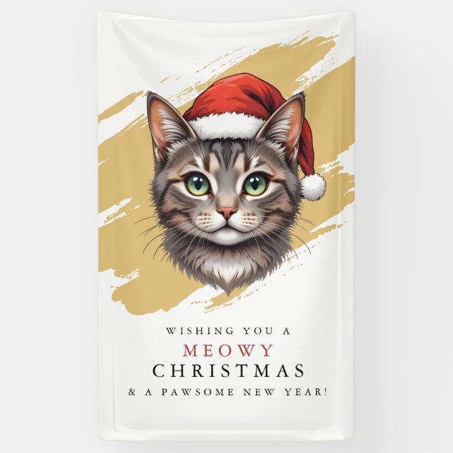 Modern Cute Christmas Cat with Santa Hat Banner (Vertical)