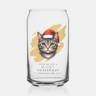Modern Cute Christmas Cat with Santa Hat Can Glass