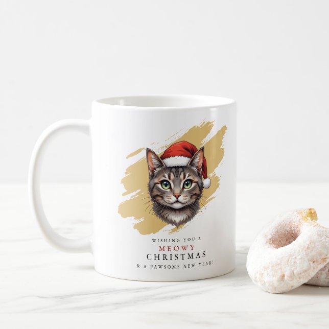 Modern Cute Christmas Cat with Santa Hat Coffee Mug (With Donut)