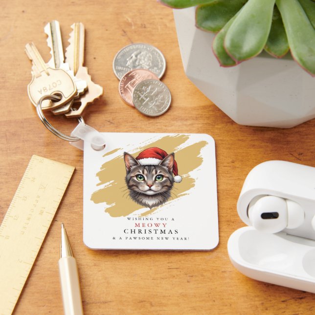 Modern Cute Christmas Cat with Santa Hat Key Ring (Desk)