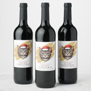 Modern Cute Christmas Cat with Santa Hat Wine Label