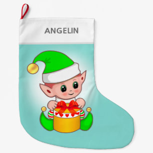 Modern cute Christmas elf on light blue Large Christmas Stocking