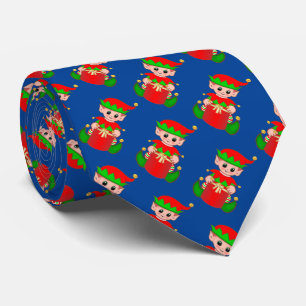 Modern Cute Christmas Elf  Pattern on Blue Tie