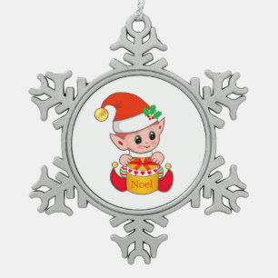 Modern Cute Christmas Elf Snowflake Pewter Christmas Ornament