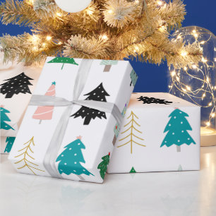 Modern cute Christmas trees pattern white green Wrapping Paper