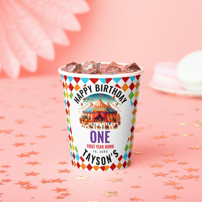 Modern Cute Circus Carnival 1st Birthday  Paper Cups (Insitu)