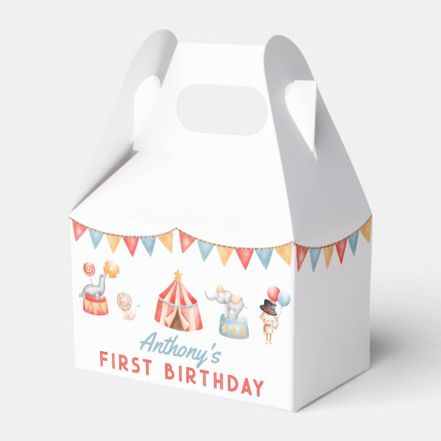 Modern Cute Circus Carnival Fiesta First Birthday Favour Box (Front Side)