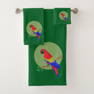 Modern Cute Colourful Parrot on Forest Green Bath Towel Set