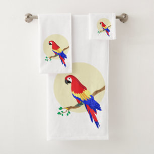 Modern Cute Colourful Parrot on White Bath Towel Set