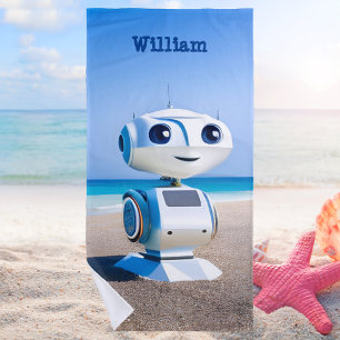 Modern Cute & Colourful Robot Boys Beach Towel