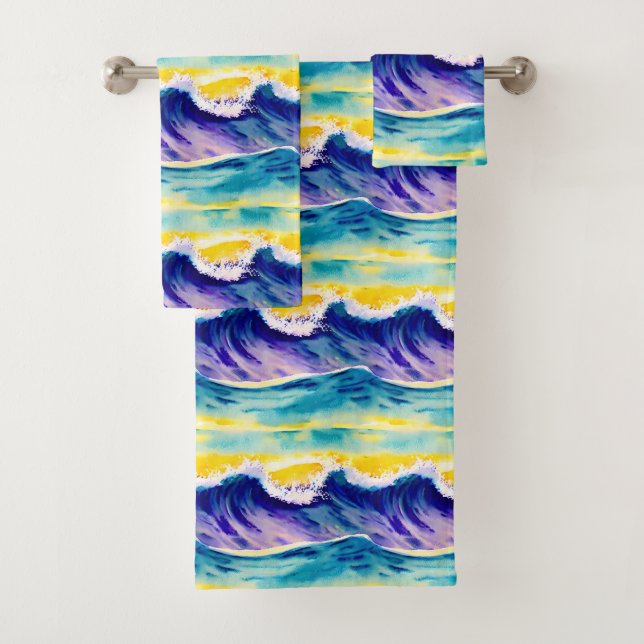 Modern cute colourful summer sun Blue Yellow Bath Towel Set (Insitu)