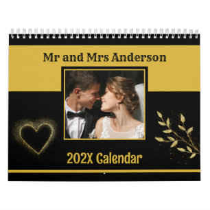 Modern Cute Couple Photo Mr & Mrs Black and Gold  Calendar