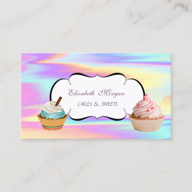 Modern Cute Cupcake Bakery Colourful Holographic Business Card (Front)